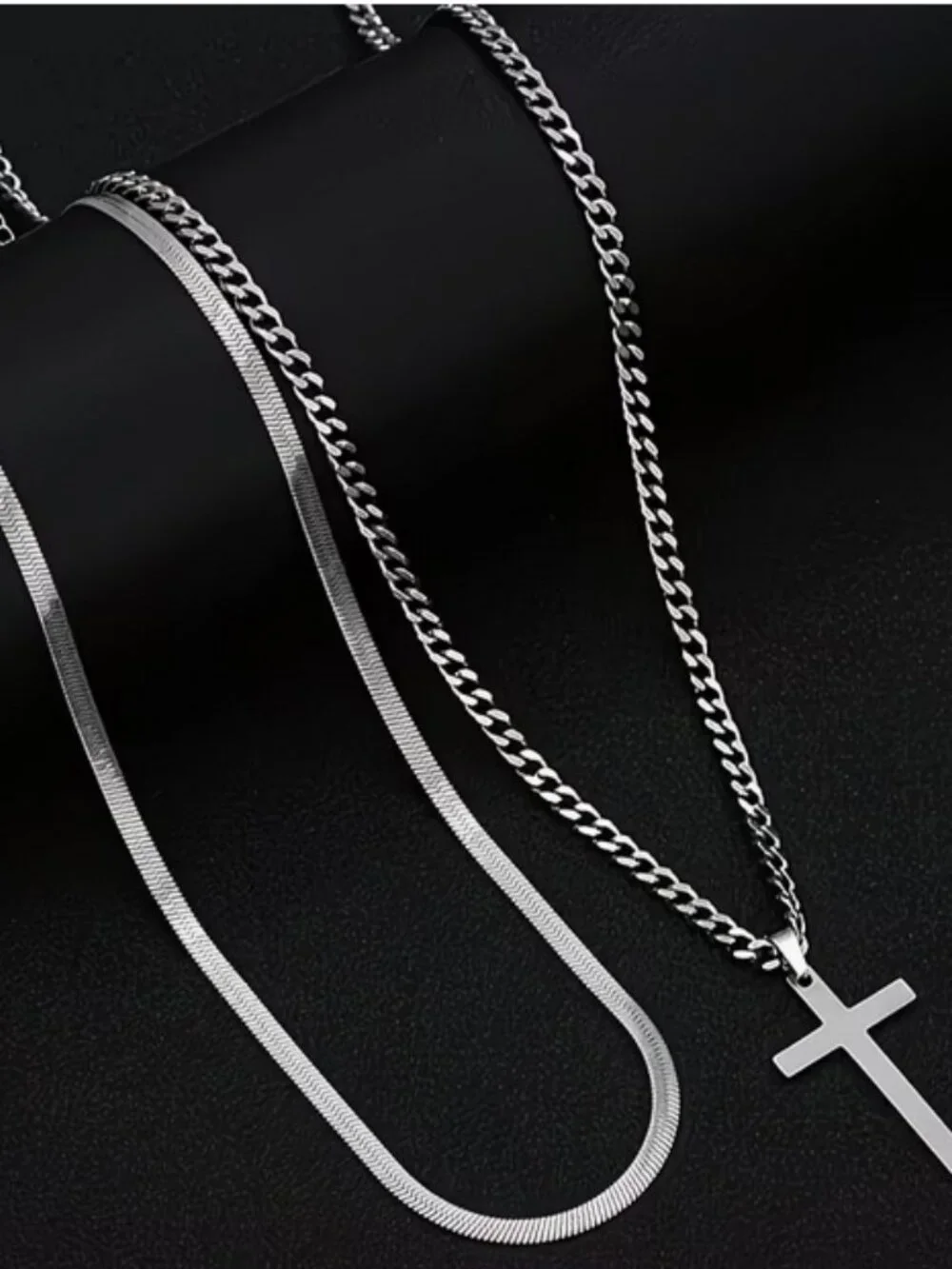 Two Chain Combo, One Chain with a Cross Pendant and an Additional Snake Chain